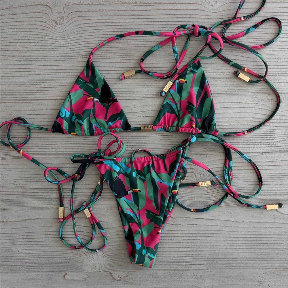 Tropical Print String Bikini Set - Pink & Green